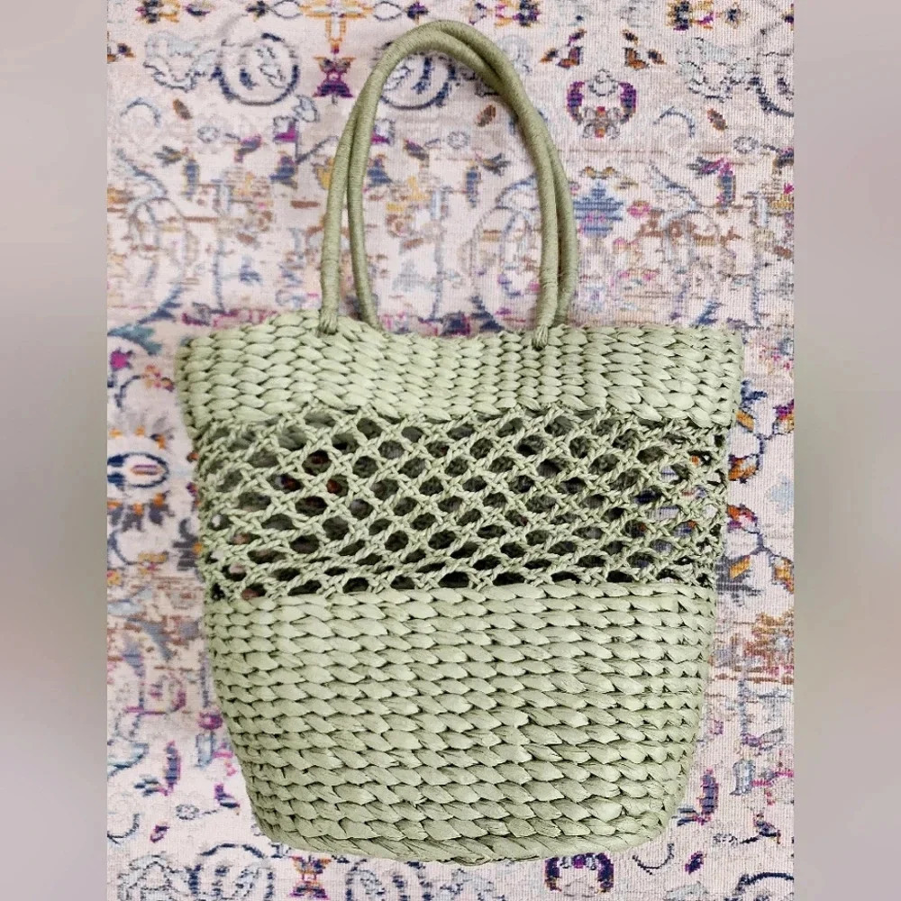 Sage Green Crochet Woven Beach Tote Bag Oversized Summer OS